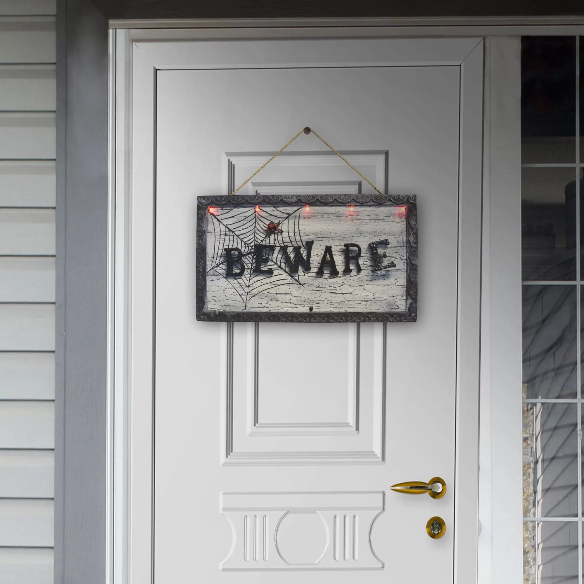 Party City Home Décor | Animatronic Light-Up Beware Plastic & Metal Sign, 18.5In X 10.6In - Halloween Decoration