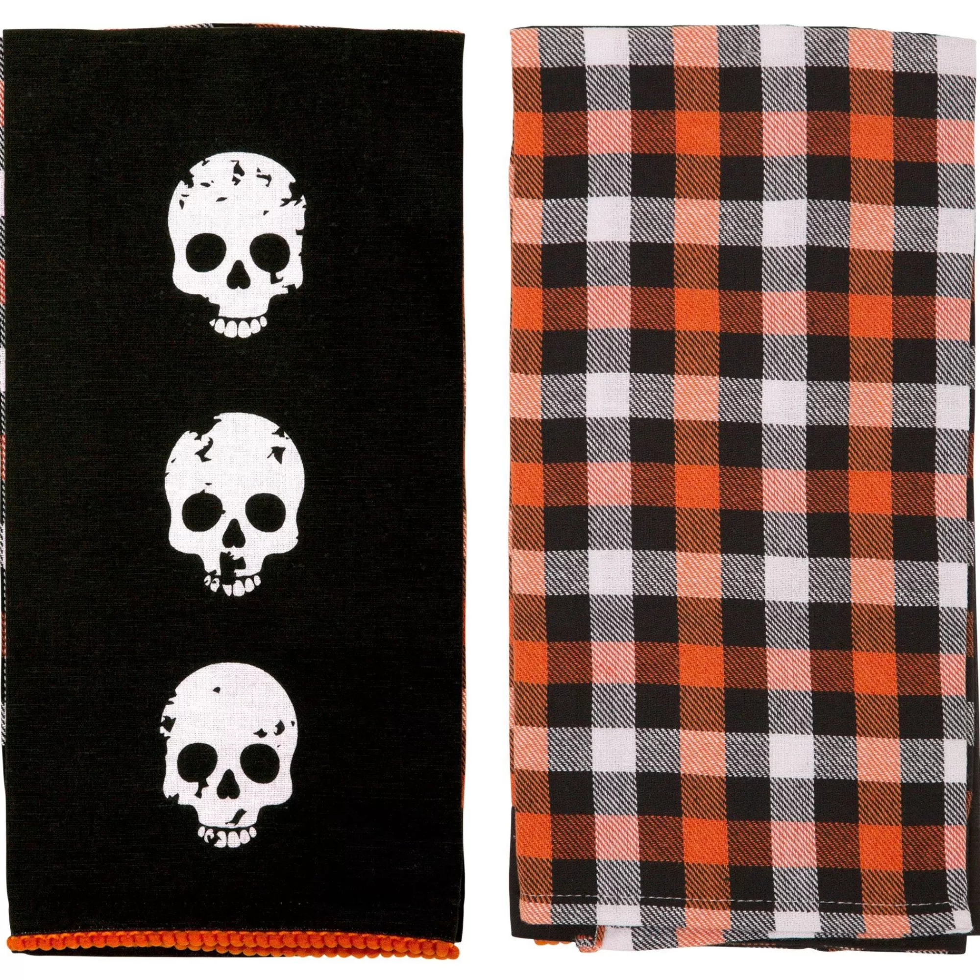 Party City Home Décor | Black & Orange Skulls & Buffalo Plaid Fabric Kitchen Towels, 18In X 28In, 2Ct