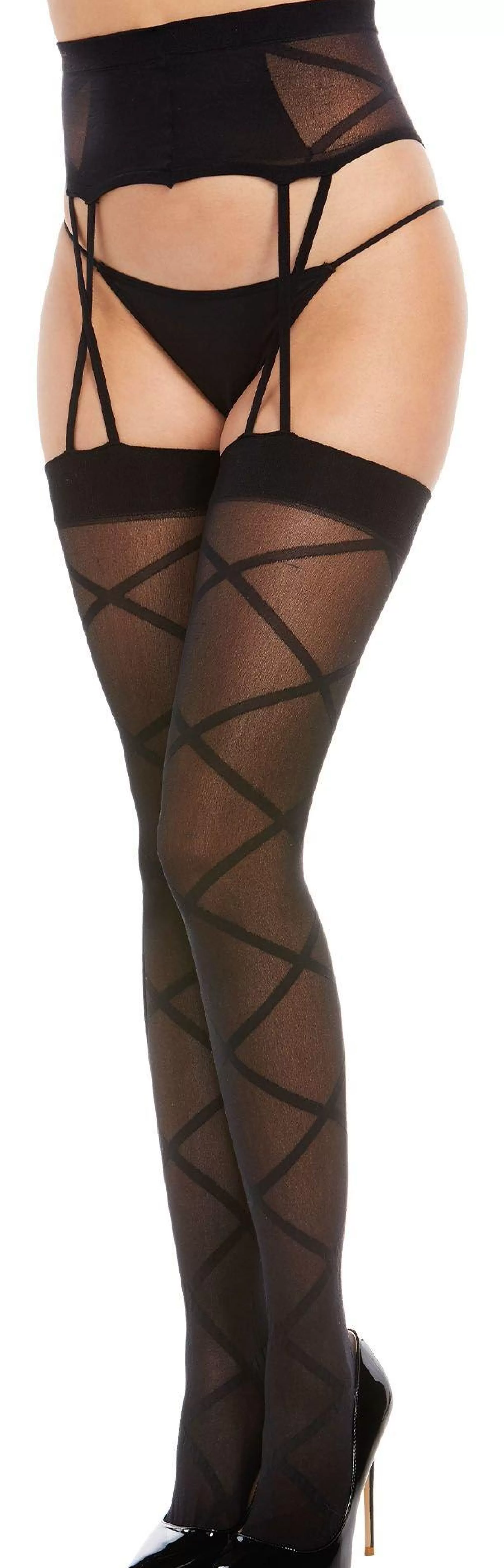 Party City Tights-Black Sheer Crisscross Pantyhose For Adults With Suspender Garter