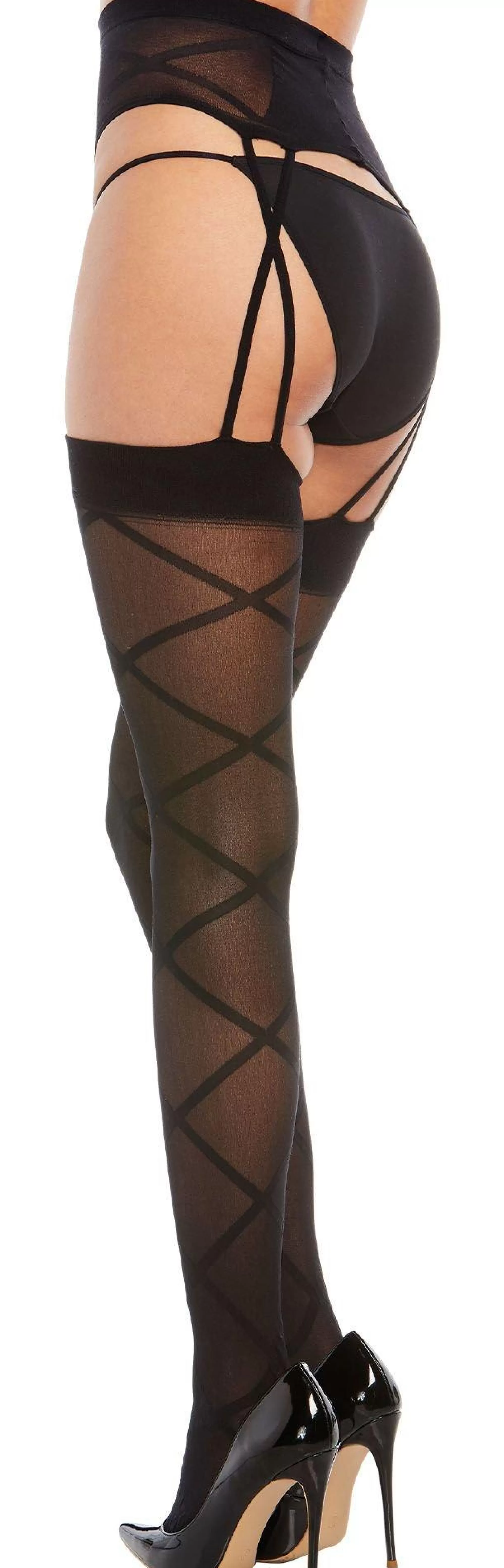 Party City Tights-Black Sheer Crisscross Pantyhose For Adults With Suspender Garter