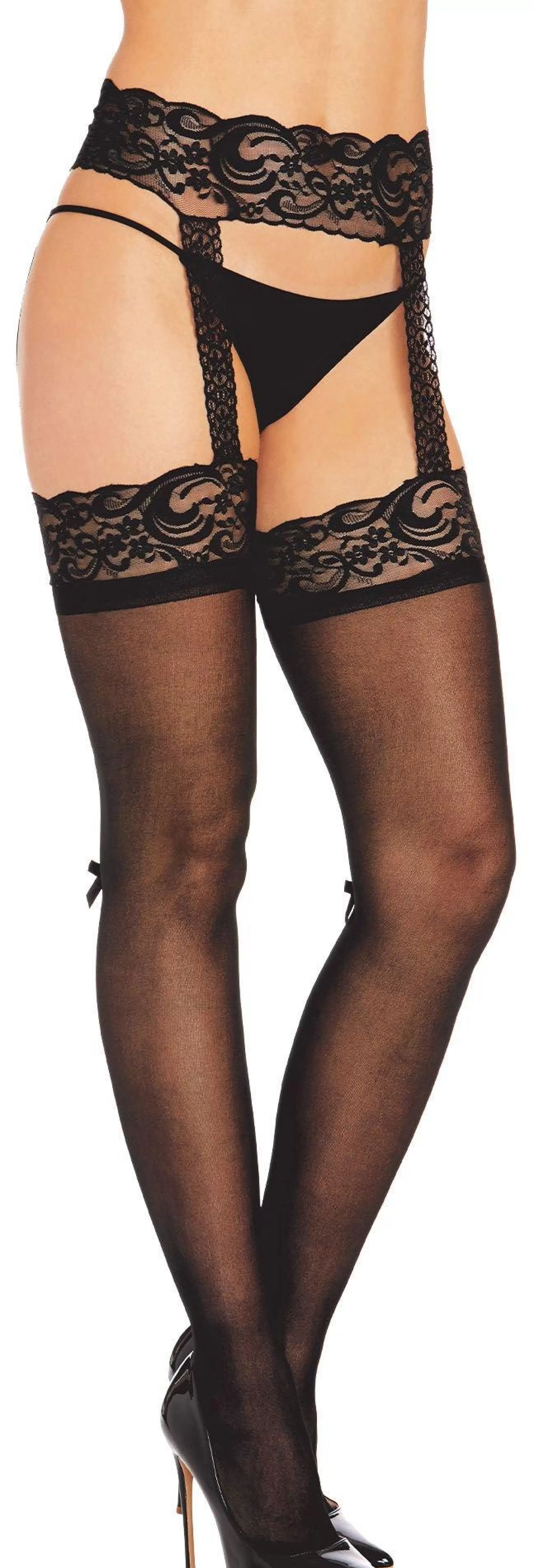 Party City Tights-Black Sheer Pantyhose For Adults With Lace Suspender Garter