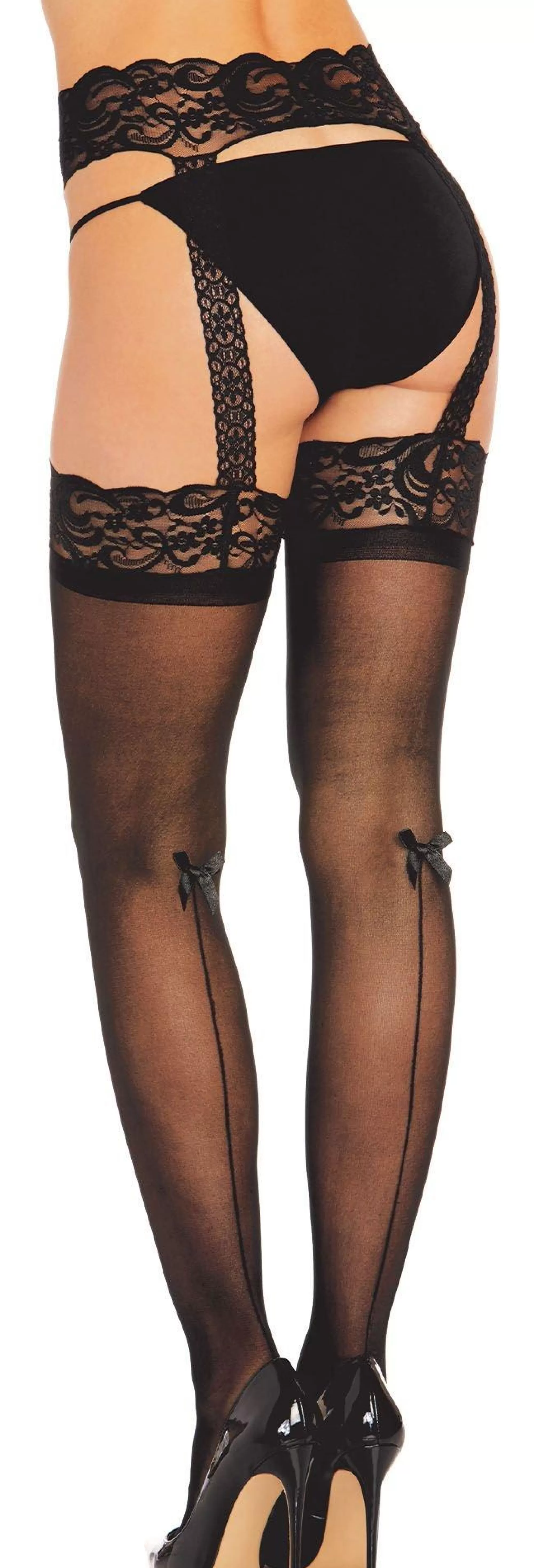 Party City Tights-Black Sheer Pantyhose For Adults With Lace Suspender Garter