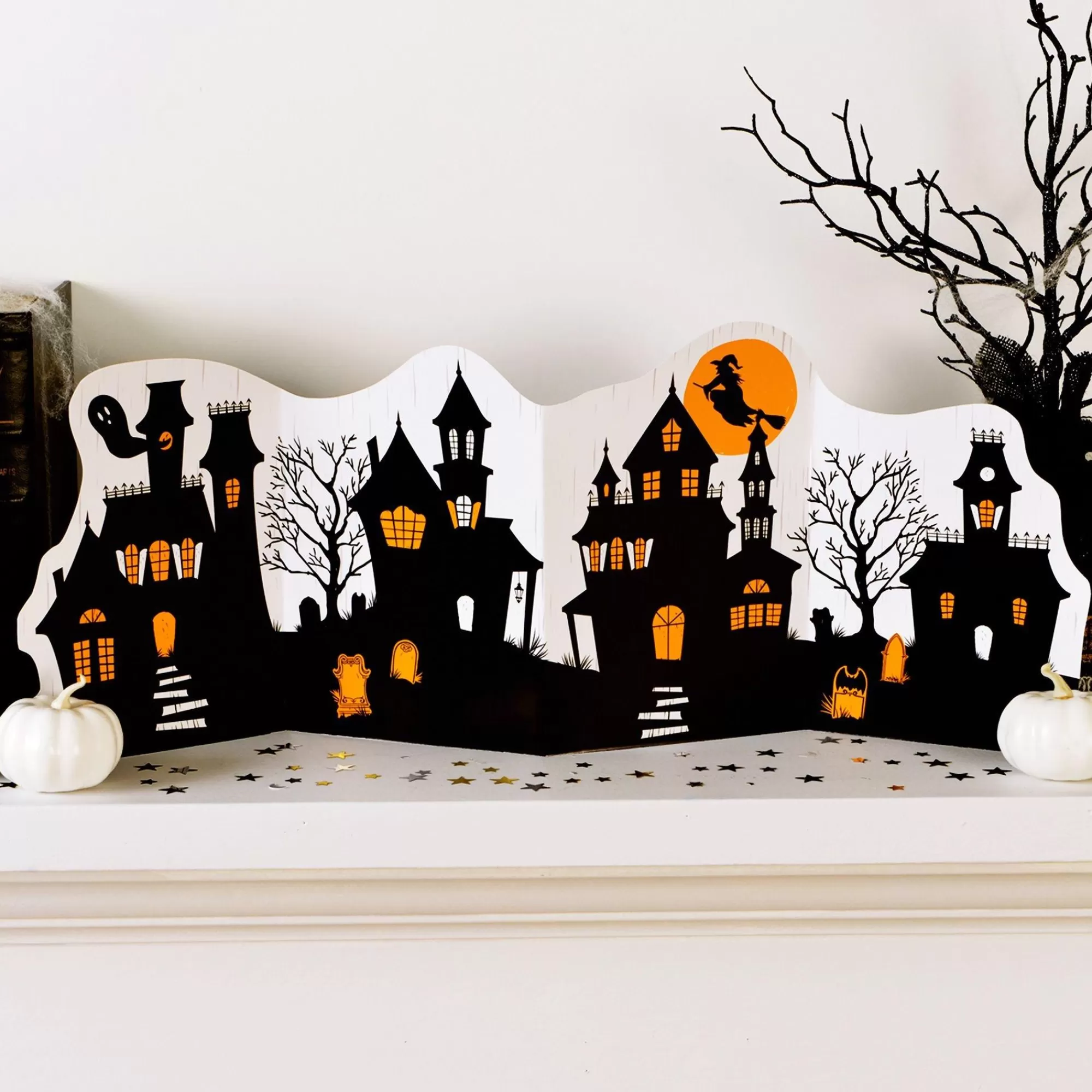 Party City Home Décor | Classic Orange & Black Haunted Village Paper & Plastic Table Decorating Kit, 2Pc