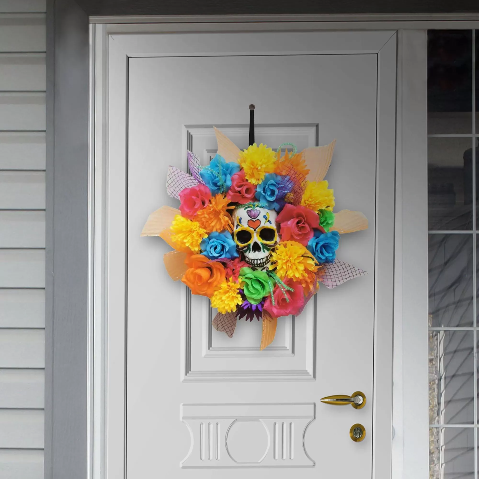 Party City Home Décor | Colorful Floral Calavera Day Of The Dead Wreath, 17In