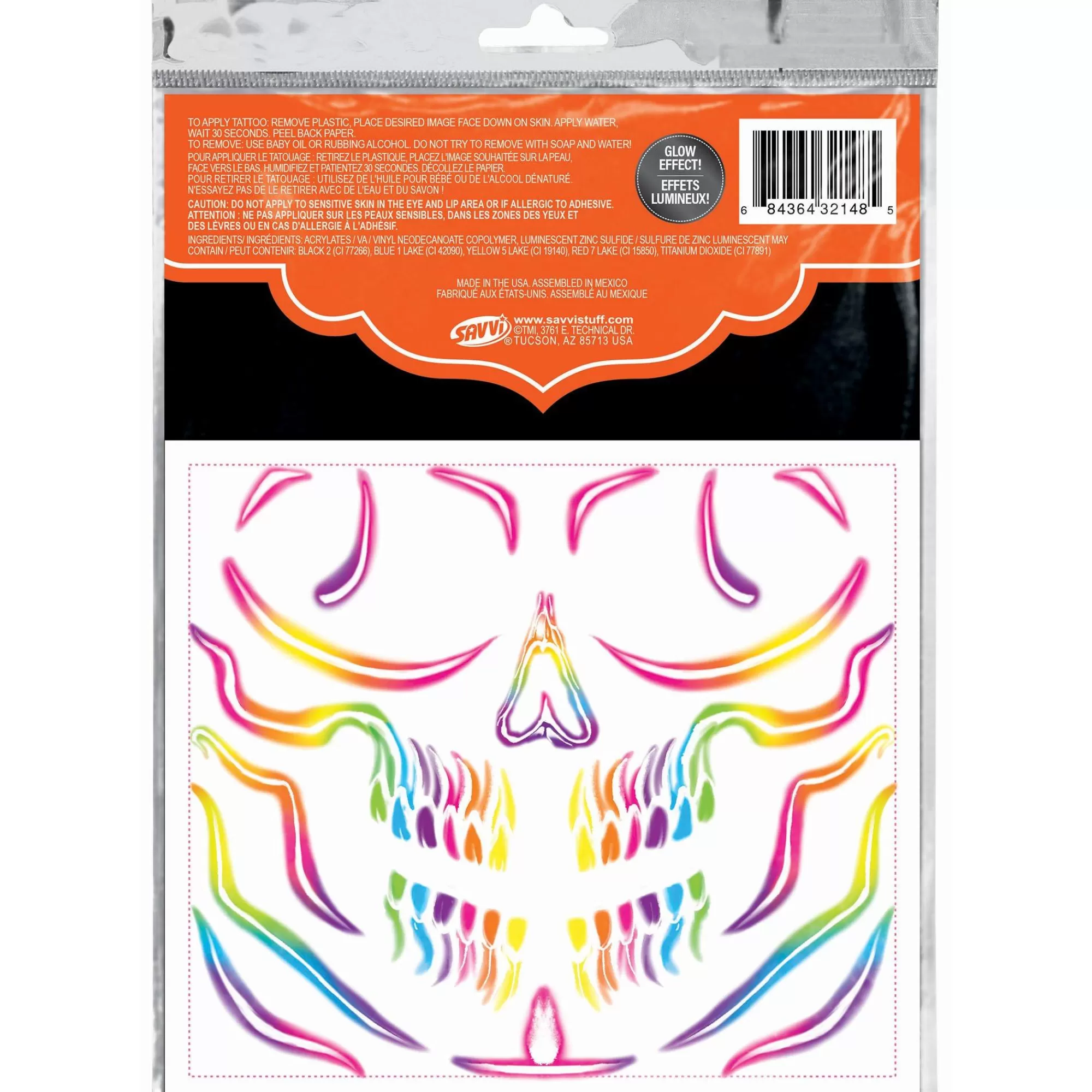Party City Makeup-Glowing Bright Colorful Skull Temporary Face Tattoos, 24Pc