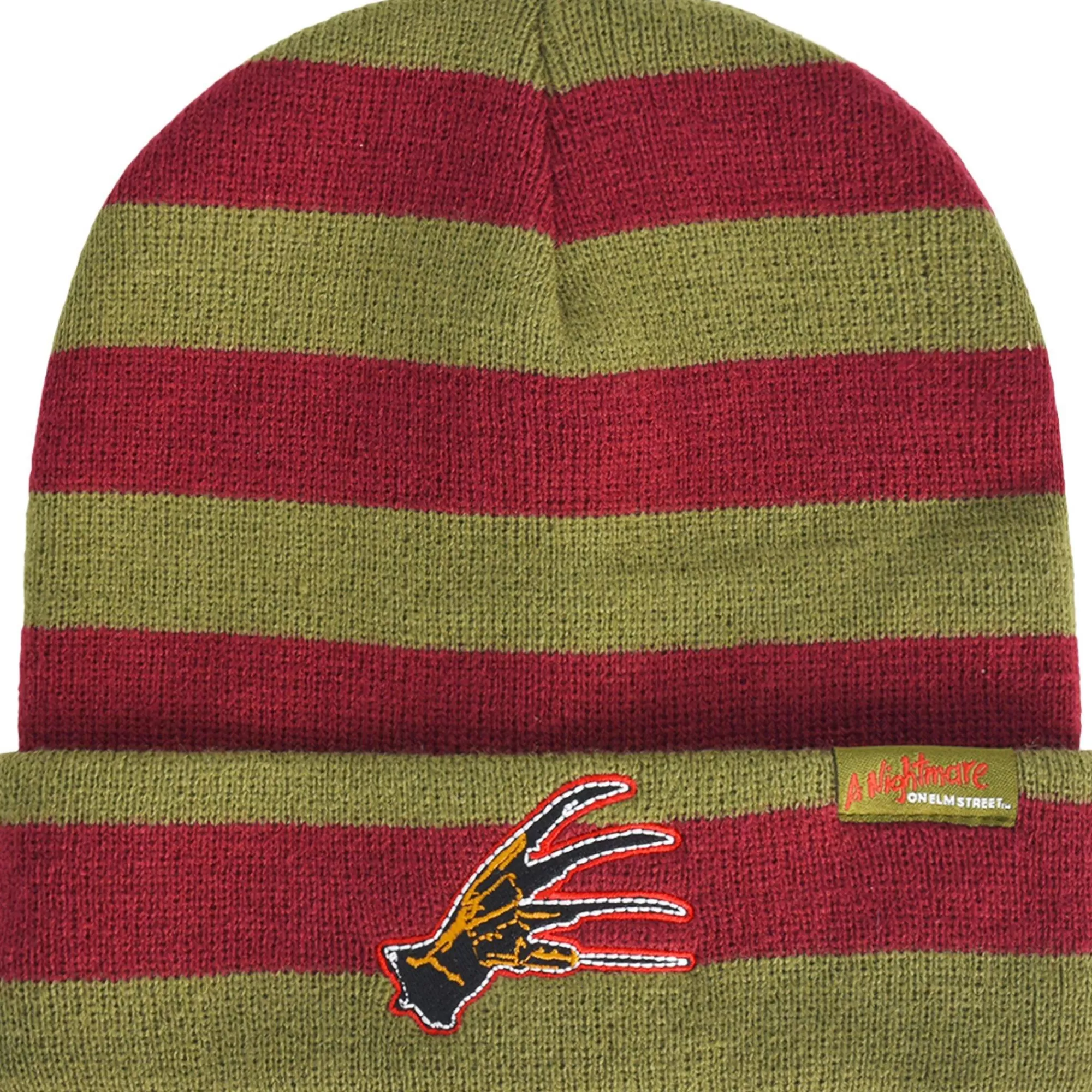 Party City Scary-Green & Red Embroidered Freddy Krueger Glove Striped Acrylic Knit Beanie - A Nightmare On Elm Street