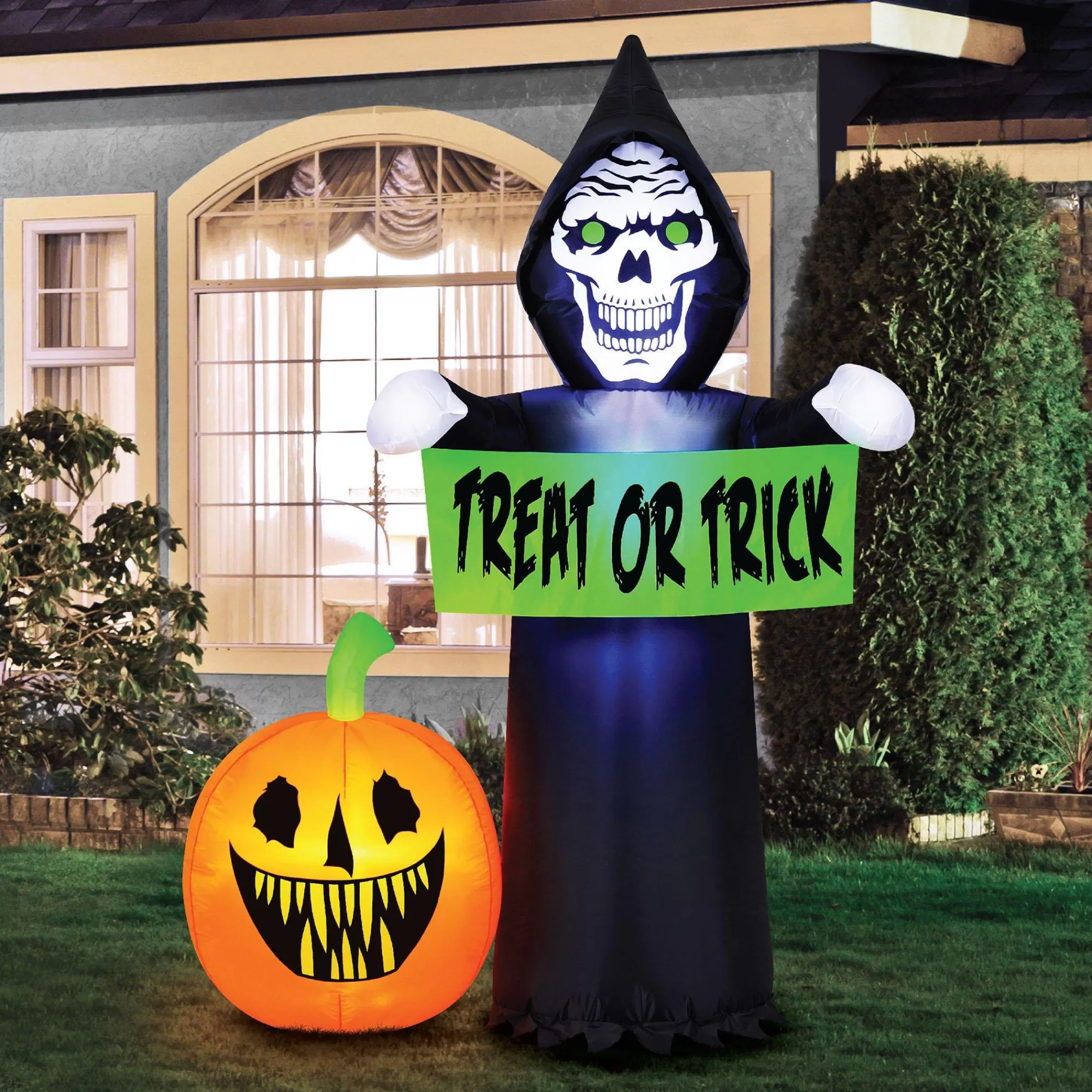 Party City Inflatables & Blow-Ups | Light-Up Halloween Reaper & Jack-O'-Lantern Inflatable Yard Decoration, 5.5Ft
