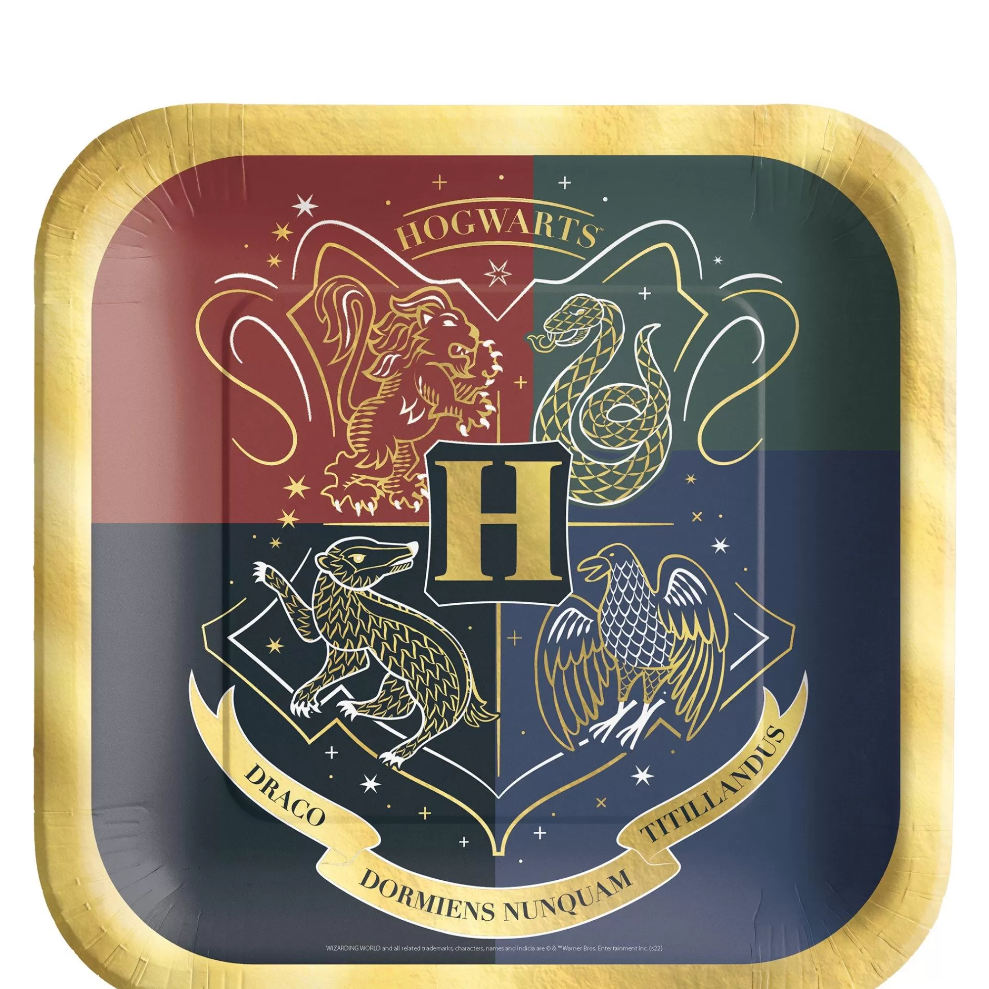Party City Harry Potter Hogwarts | Metallic Hogwarts United Square Paper Dessert Plates, 7In, 8Ct - Harry Potter