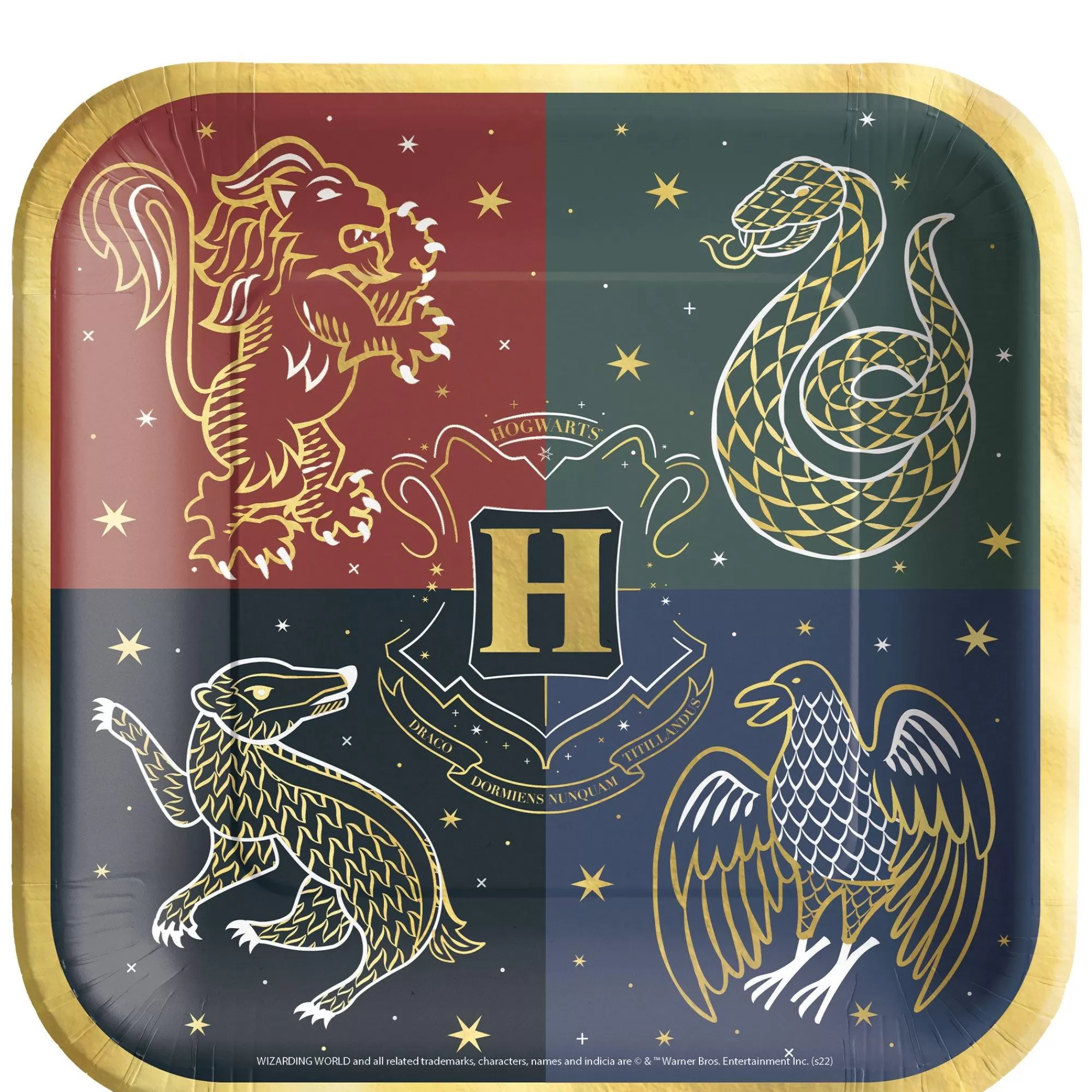 Party City Harry Potter Hogwarts | Metallic Hogwarts United Square Paper Lunch Plates, 9In, 8Ct - Harry Potter
