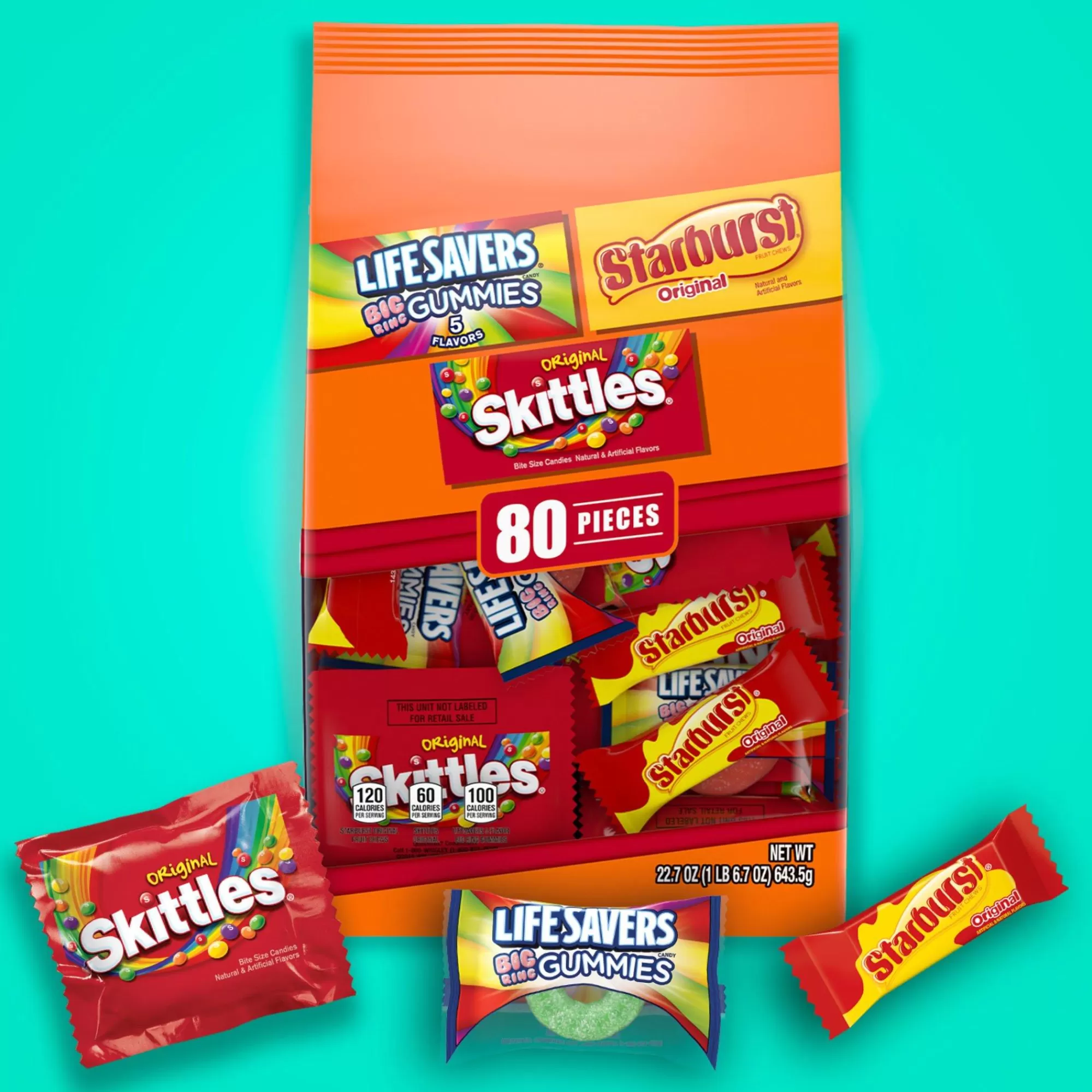 Skittles,Starburst Bulk Candy-Skittles, Starburst, & Life Savers Gummies Fun Size Variety Bag, 22.7Oz, 80Pc